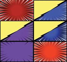 Comic book colorful frames background with halftone rays radial and dotted effects pop art style vector