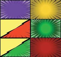 Comic book colorful frames background with halftone rays radial and dotted effects pop art style vector