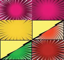 Comic book colorful frames background with halftone rays radial and dotted effects pop art style vector