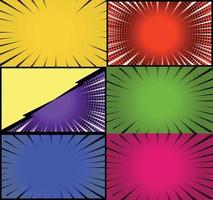 Comic book colorful frames background with halftone rays radial and dotted effects pop art style vector