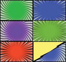 Comic book colorful frames background with halftone rays radial and dotted effects pop art style vector