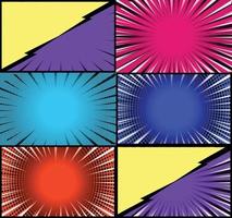 Comic book colorful frames background with halftone rays radial and dotted effects pop art style vector