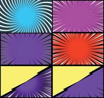 Comic book colorful frames background with halftone rays radial and dotted effects pop art style vector