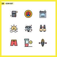 9 User Interface Filledline Flat Color Pack of modern Signs and Symbols of diamond weather world sunset web Editable Vector Design Elements