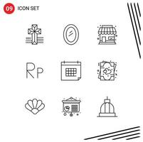 paquete de iconos vectoriales de stock de 9 signos y símbolos de línea para la creación de citas de fecha rupiah idr elementos de diseño vectorial editables vector