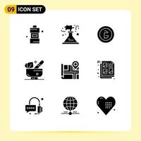 Pack of 9 Modern Solid Glyphs Signs and Symbols for Web Print Media such as map spa bangladesh relaxation money Editable Vector Design Elements