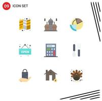 User Interface Pack of 9 Basic Flat Colors of shop open moon monitoring data Editable Vector Design Elements