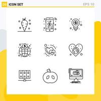 Editable Vector Line Pack of 9 Simple Outlines of february heart dollar finance global Editable Vector Design Elements