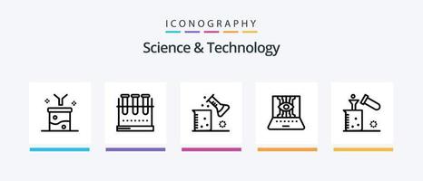 paquete de iconos de la línea 5 de ciencia y tecnología que incluye matraz de laboratorio. matraz químico. Fisión nuclear. aplicación de teléfono inteligente. laboratorio en línea. diseño de iconos creativos vector