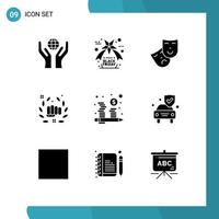 Group of 9 Modern Solid Glyphs Set for management coins theatre budget hand Editable Vector Design Elements