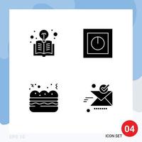 Mobile Interface Solid Glyph Set of 4 Pictograms of book pie light bulb products food Editable Vector Design Elements