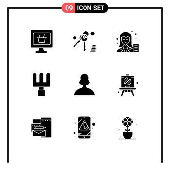 9 Universal Solid Glyphs Set for Web and Mobile Applications easel person copywriter girl tools Editable Vector Design Elements