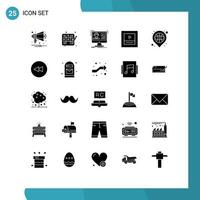 Modern Set of 25 Solid Glyphs Pictograph of location basket video wireframe layout Editable Vector Design Elements