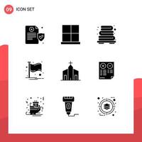 User Interface Pack of 9 Basic Solid Glyphs of church building bathroom place flag Editable Vector Design Elements