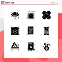 Universal Icon Symbols Group of 9 Modern Solid Glyphs of executable website watch web ui Editable Vector Design Elements