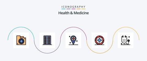 la línea de salud y medicina llenó el paquete de iconos planos 5 que incluye el formulario. enfermedad. formulario. médico. localización vector