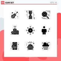 Set of 9 Commercial Solid Glyphs pack for advertising location search wifi schedule Editable Vector Design Elements