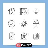 paquete de 9 signos y símbolos de contornos modernos para medios de impresión web, como flechas de escena musical de verificación de marca, como elementos de diseño de vectores editables