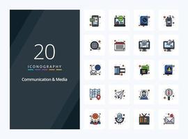 20 iconos llenos de línea de comunicación y medios para presentación vector