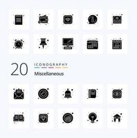 20 Miscellaneous Solid Glyph icon Pack like overview notepad bell diary contact vector