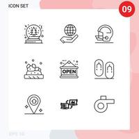 Pack of 9 Modern Outlines Signs and Symbols for Web Print Media such as shop board helmet drink bruschetta Editable Vector Design Elements