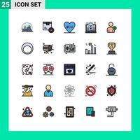 paquete de 25 modernos signos y símbolos de colores planos de línea rellena para medios de impresión web, como la codificación de invención, la bombilla logística, el amor, los elementos de diseño vectorial editables vector