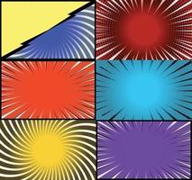 Comic book colorful frames background with halftone rays radial and dotted effects pop art style vector