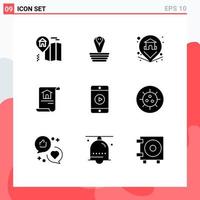 Set of 9 Vector Solid Glyphs on Grid for video mobile pin building document Editable Vector Design Elements