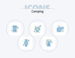 paquete de iconos azul de camping 5 diseño de iconos. silbar. árbitro. caja. silla. acampar vector