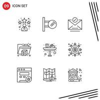 conjunto de 9 iconos de interfaz de usuario modernos símbolos signos para la cena de cristal marca de verificación impresora de desayuno elementos de diseño vectorial editables vector