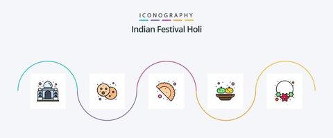 Holi Line Filled Flat 5 Icon Pack Including india. flower. food. sandesh. party vector