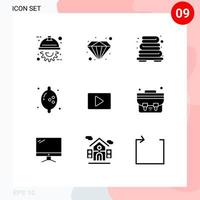 Pack of 9 creative Solid Glyphs of bag video heating paly lemon Editable Vector Design Elements