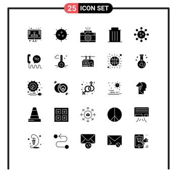 Paquete de 25 glifos sólidos de interfaz de usuario de signos y símbolos modernos de eliminación de gérmenes de basura elementos de diseño de vectores editables fotográficos
