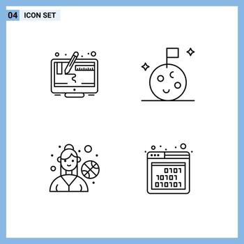 conjunto moderno de 4 colores planos y símbolos de línea de llenado, como elementos de diseño de vectores editables de código de espacio de pantalla de juego al aire libre de computadora