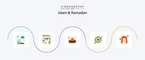 Islam And Ramadan Flat 5 Icon Pack Including muslim. qibla. bowl. kaaba. dates vector