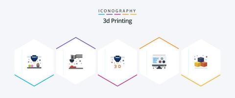 Paquete de 25 iconos planos de impresión 3D que incluye . cubo. directo. caja. computadora vector