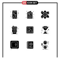 Modern Set of 9 Solid Glyphs and symbols such as image juice party drink atom Editable Vector Design Elements