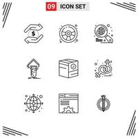 Modern Set of 9 Outlines Pictograph of check testing globe test lab Editable Vector Design Elements