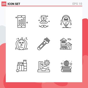 9 Universal Outlines Set for Web and Mobile Applications flash torch droid scary halloween Editable Vector Design Elements