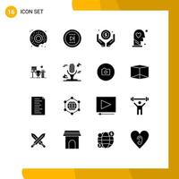 User Interface Pack of 16 Basic Solid Glyphs of space wellness investment process head Editable Vector Design Elements