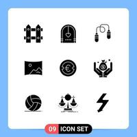 9 User Interface Solid Glyph Pack of modern Signs and Symbols of coin film wedding entertaiment jumping Editable Vector Design Elements