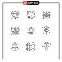 Universal Icon Symbols Group of 9 Modern Outlines of flower pretzel affiliate dough bake Editable Vector Design Elements