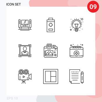 conjunto de 9 iconos de interfaz de usuario modernos símbolos signos para pasatiempos idea de cámara imagen de perfil id de usuario elementos de diseño vectorial editables vector
