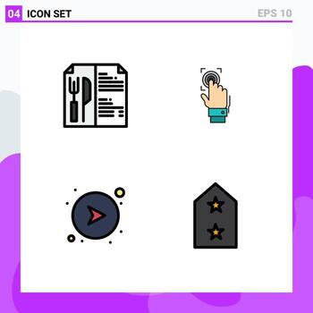 paquete de 4 signos y símbolos de colores planos de línea de relleno modernos para medios de impresión web, como flechas de alimentos, escaneo de huellas dactilares, elementos de diseño de vectores editables en red