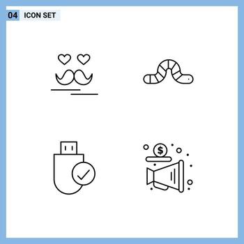 Mobile Interface Line Set of 4 Pictograms of celebrate connected moustache insect hardware Editable Vector Design Elements