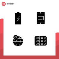 User Interface Pack of 4 Basic Solid Glyphs of battery location electric video biology Editable Vector Design Elements