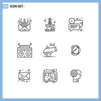 Modern Set of 9 Outlines Pictograph of cannon radio bubble player time Editable Vector Design Elements