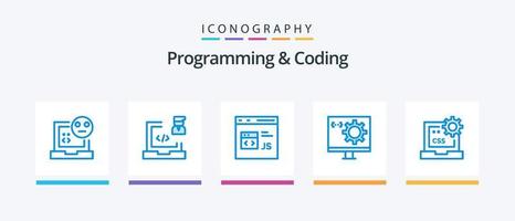 Programming And Coding Blue 5 Icon Pack Including develop. coding. laptop. js. develop. Creative Icons Design vector