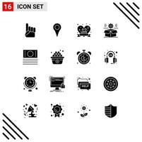 Pack of 16 creative Solid Glyphs of cash gear heart badge wheel box Editable Vector Design Elements