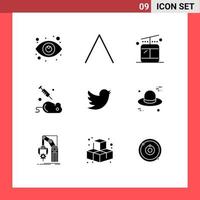 Mobile Interface Solid Glyph Set of 9 Pictograms of hat social regular network mouse Editable Vector Design Elements